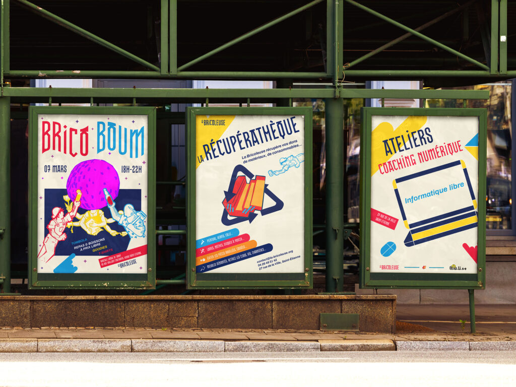 Série de trois affiches : événement “La Brico Boum”, récupérathèque et ateliers numériques.