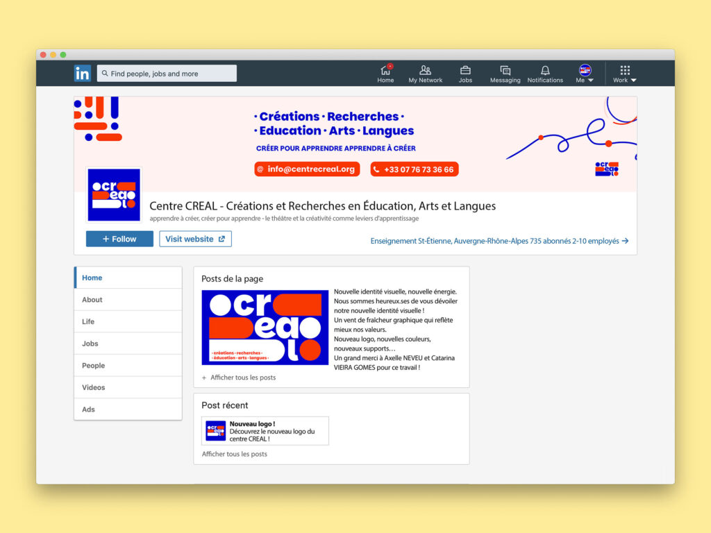 Mockup de la bannière, photo de profil et style graphique LinkedIn du CREAL.