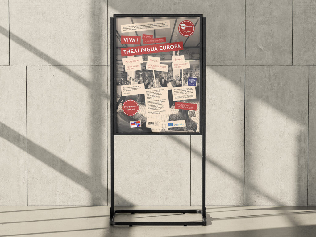 Mockup de l’affiche annonçant le cycle “Viva Thealingua Europa”.