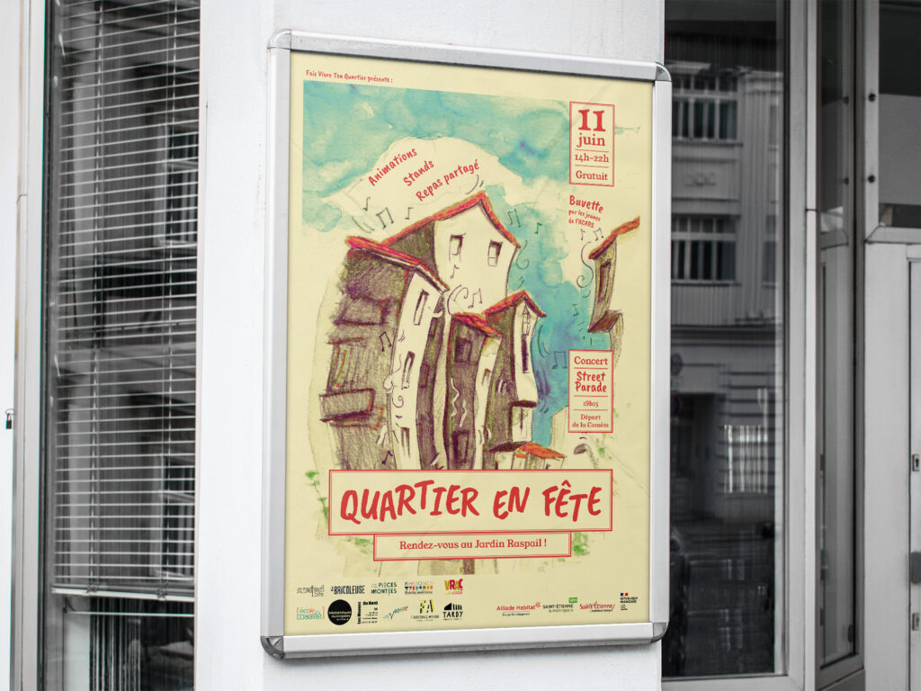 Affiche A3 “Quartier en fête” créée pour l’initiative “Fais vivre ton quartier”, avec une illustration de Prune Charlet. Événement du 11 juin au Jardin Raspail à Saint-Étienne.