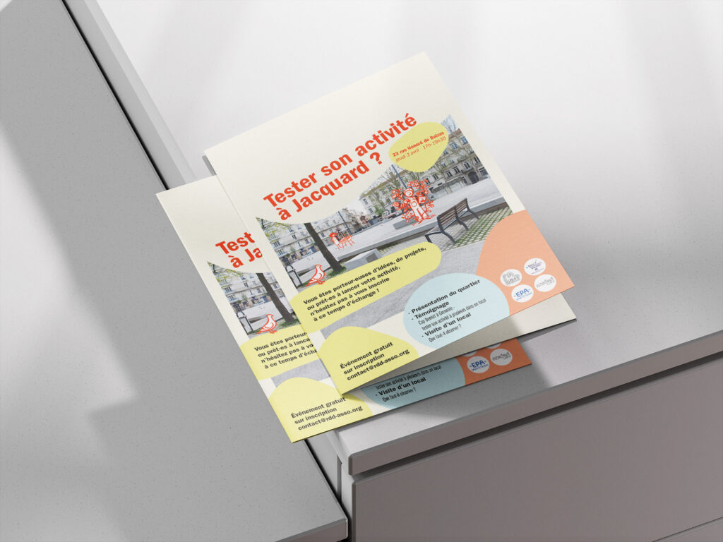 Mockup du flyer pour l’événement de découverte à Jacquard.